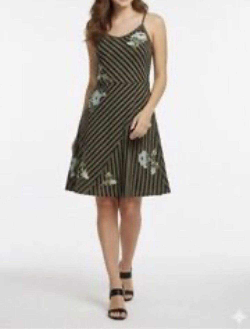 JW Los Angeles Olive Green Striped Floral Embroidered Knit Cami Dress M